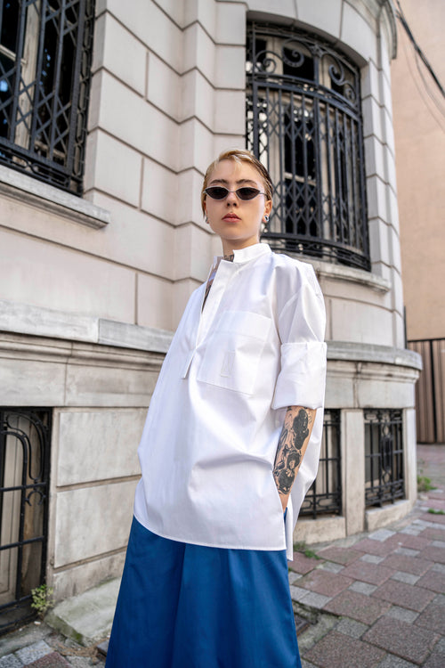 Dante No Latte Oversize White Shirt Long Sleeve Logo Embroidered Pocket