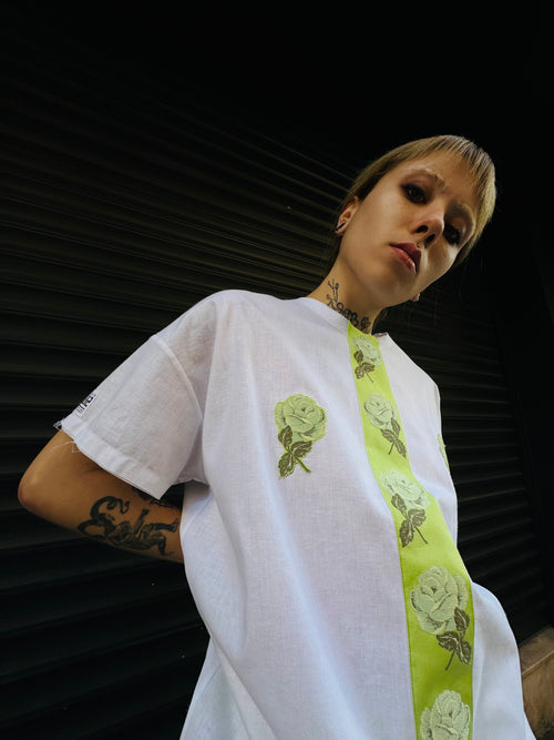 Green Block (Limited) White Tee with Green Rose Details